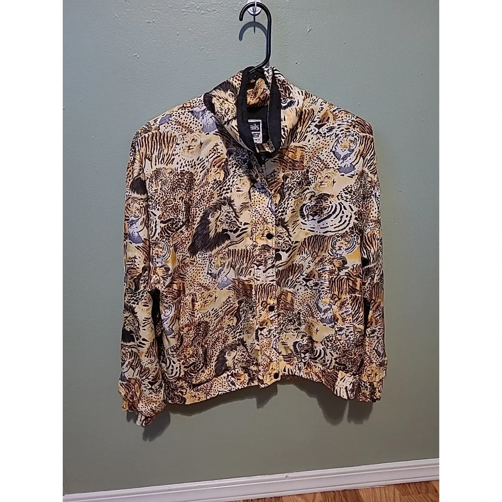 Vintage 1980s 100% Silk Cat Windbreaker Coat Lions Tigers Leopard Sz Medium - Picture 1 of 11